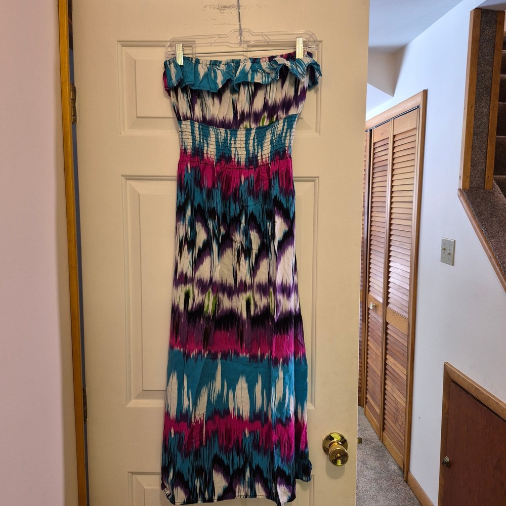 Strapless Maxi Dress Tie Dye Smocked Bodice Turquoise Pink Purple Women's‎ L